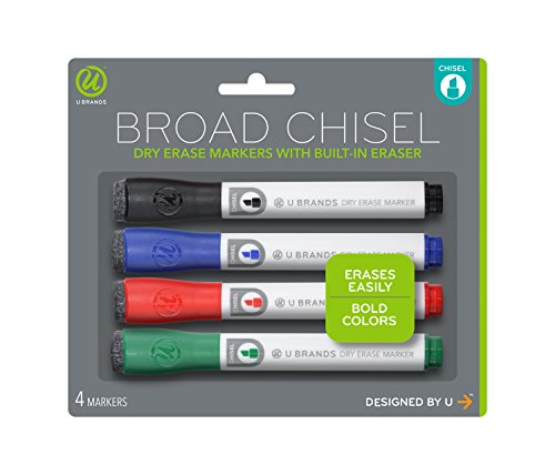 Product Cover U Brands Low Odor Dry Erase Markers With Erasers, Chisel Tip, Assorted Classic Colors, 4-Count