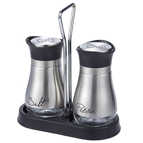Product Cover Salt and Pepper Shakers Set - High Grade Stainless Steel with Glass Bottom and 4' Stand - 4