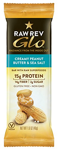 Product Cover Raw Rev Glo Protein Bars, Creamy Peanut Butter & Sea Salt, 1.6 Ounce (Pack of 12), 15g Protein, 2g Sugar, 14g Fiber, Keto-Friendly, Vegan, Plant-Based Protein, Gluten-Free Snack Bar