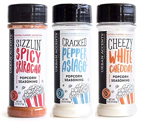 Product Cover Urban Accents All Natural Gluten Free Premium Popcorn Seasoning Variety Pack - Cracked Pepper Asiago, Sizzling Sriracha, White Cheddar