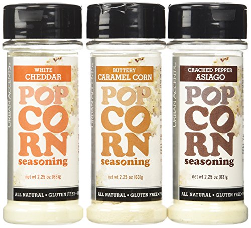 Product Cover Urban Accents Popcorn Seasoning, Buttery Caramel Corn / Cracked Pepper Asiago / White Cheddar, 2.25 oz. (Pack of 3)