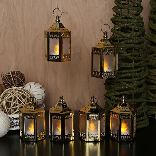 Product Cover Gold Mini Lanterns with Holographic Star Lights - 4.5 Inch Tall, Warm White LED, Small Table Decor for Wedding Centerpiece or Ramadan Decorations, Batteries Included - Set of 6