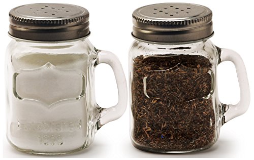 Product Cover Circleware 66734 Glass Mini Mason Jar Mug Salt and Pepper Shakers with Handles & Metal Lids, Kitchen Glassware Preserving Containers, Perfect Himalayan Seasoning Spices, 2-Piece Set, 5 oz, Yorkshire