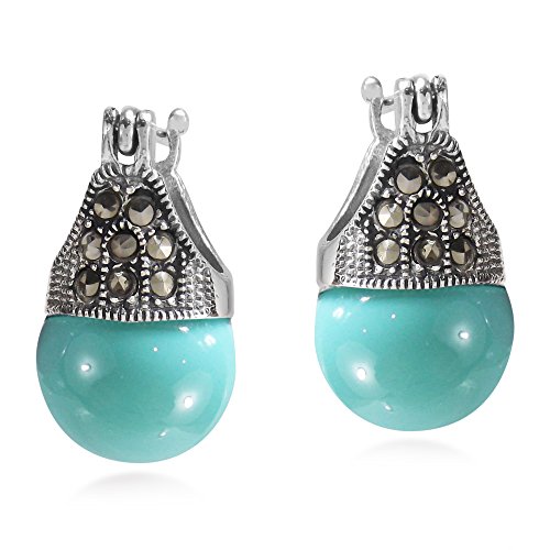 Product Cover Vintage Flair Marcasite Style Pyrite and Simulated Turquoise 12mm .925 Sterling Silver Earrings