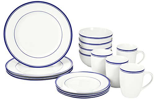 Product Cover AmazonBasics 16-Piece Cafe Stripe Kitchen Dinnerware Set, Plates, Bowls, Mugs, Service for 4, Blue