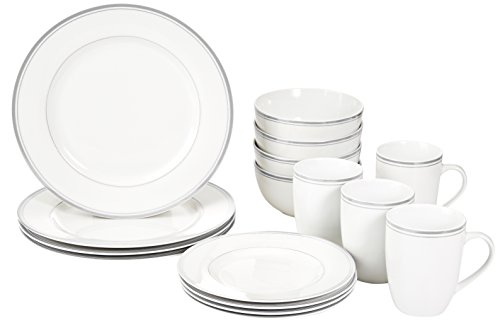 Product Cover AmazonBasics 16-Piece Cafe Stripe Kitchen Dinnerware Set, Plates, Bowls, Mugs, Service for 4, Grey