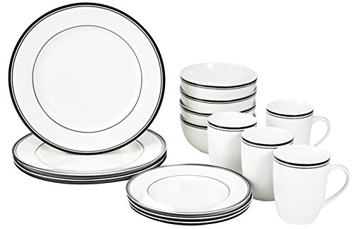 Product Cover AmazonBasics 16-Piece Cafe Stripe Kitchen Dinnerware Set, Plates, Bowls, Mugs, Service for 4, Black