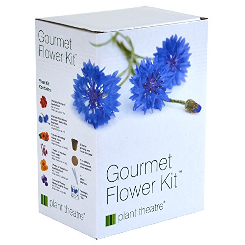 Product Cover Plant Theatre Gourmet Flower Seed Kit Gift Box - 6 Edible Flower Varieties to Grow, includes: BATCHELORS BUTTON BLUE BOY, CALENDULA, DIANTHUS, MARIGOLD SPARKY, NASTURTIUM & JOHNNY JUMP UP PANSY SEEDS. Everything you need to start growing in