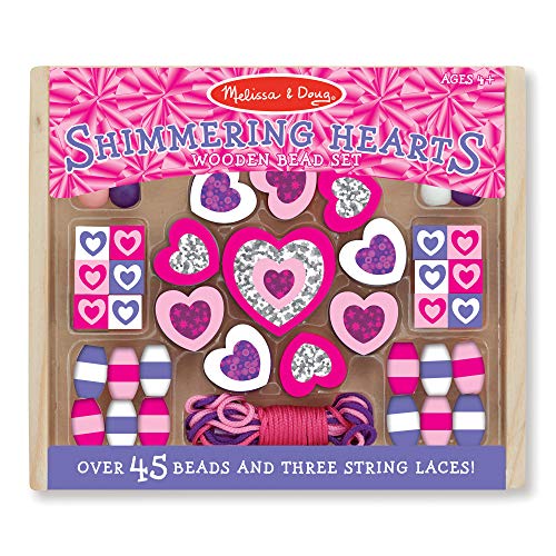 Product Cover Melissa & Doug Shimmering Hearts Wooden Bead Set (Jewelry-Making Kit, 45+ Beads, 3 String Laces, Great Gift for Girls and Boys - Best for 4, 5 and 6 Year Olds)