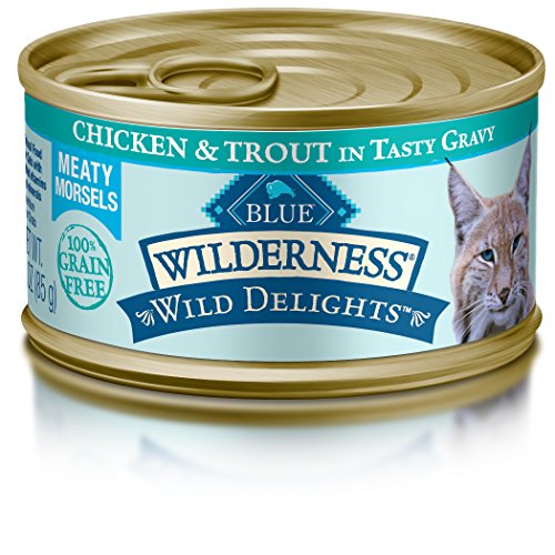Product Cover BLUE Wilderness Wild Delights Adult Grain Free Meaty Morsels Chicken & Trout in Tasty Gravy Wet Cat Food 3-oz (pack of 24)