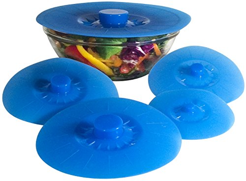 Product Cover Silicone Bowl Lids Blue Set of 5 Reusable Suction Seal Covers for Bowls, Pots, Cups. Food Safe. Natural grip, interlocking handles for easy use and storage.