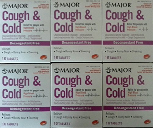 Product Cover Major Cough & Cold HBP Antihistamine Suppressant Tablets for People with High Blood Pressure, 16-Count Boxes (6 Pack)