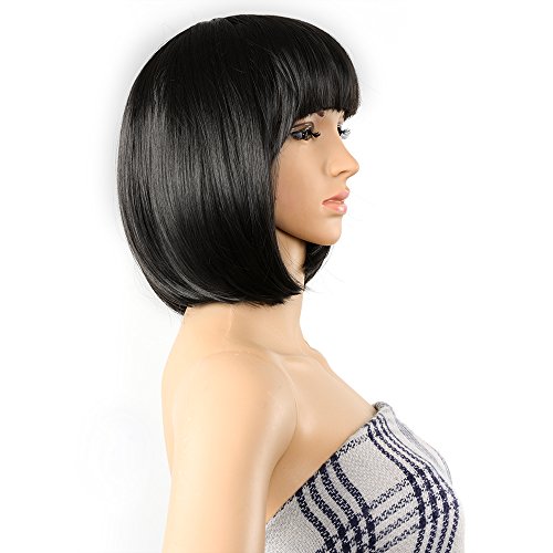 Product Cover AGPTEK 13 Inches Straight Heat Resistant Short Bob Hair Wigs with Flat Bangs for Women Cosplay Daily Party - Black