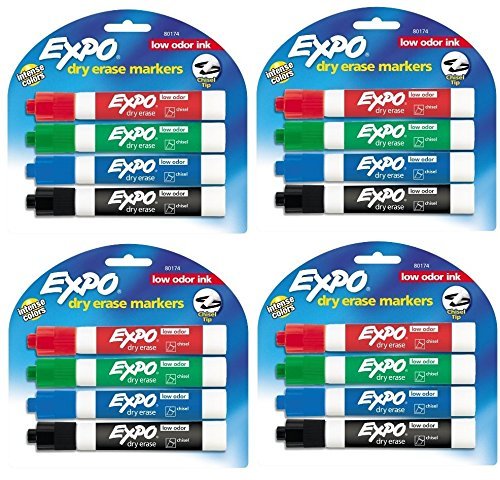 Product Cover Expo 80174 Low Odor Chisel Point Dry Erase Marker Pack, Designed for Whiteboards, Glass and Most Non-Porous Surfaces, 4 Assorted Color Markers, Pack of 4 Blisters