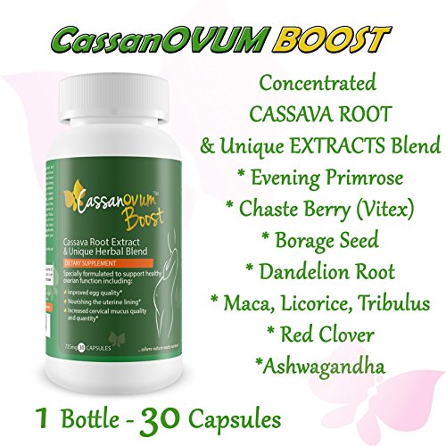 Product Cover CassanOvum Boost, Fertility Supplement for egg quality and quantity, healthy uterine lining and increasesd cervical mucus, contains Cassava Root Extract and Unique Herbal Blend (Evening Primrose, Maca Root, Chaste Berry, Borage, Dandelion R