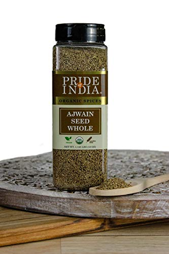 Product Cover Pride Of India - Organic Ajwain Seed Whole - 18 oz (510gm) Large Dual Sifter Jar- Authentic Indian Carom Seeds - Used to Season Food, Pickles etc