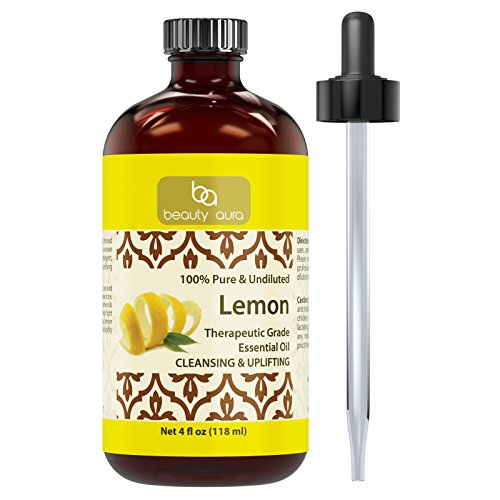 Product Cover Beauty Aura 100% Pure Lemon Essential Oil 4 oz - Made from Real Lemon peels - Ideal for Aromatherapy Diffuse, Skin Care, Hair Care & for DIY Cleaning Products for Wood