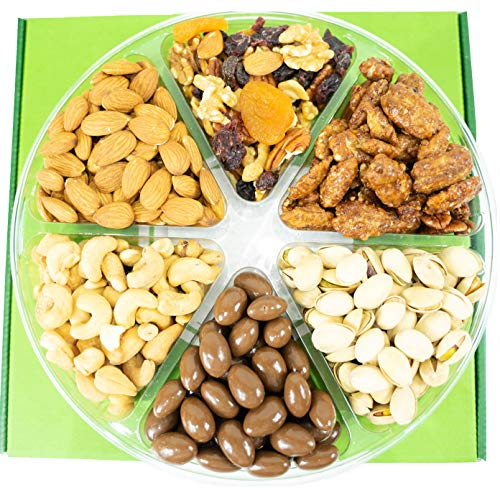 Product Cover Nut Gift Tray & Basket for Holidays, Christmas by Coco's. Food Gift has 2 Lbs Delicious California Almonds, Buttery Cashews, Pistachios, Mixed Nuts, Chocolate Almond, Walnuts, Pecan. Freshly Roasted.
