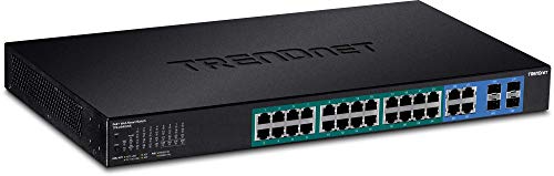 Product Cover TRENDnet 28-Port Gigabit Web Smart PoE+ Switch, 24 Gigabit Ports + 4 Shared Gigabit Ports (RJ-45 or SFP), PoE 10/100/1000 Mbps, 185 W PoE Budget, 56Gbps Switching Capacity, Lifetime Protection, TPE-2840WS