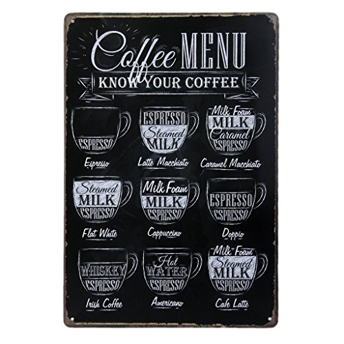 Product Cover Coffee Menu Know Your Coffee, Metal Tin Sign, Wall Decorative Sign, Size 8