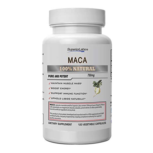 Product Cover Superior Labs Organic Peruvian Maca 100% Pure NonGMO - Zero Synthetic Additives, Stearates, Dioxides - Powerful Formula for Healthy Energy, Mood, Sleep and Stress - 750mg, 120 Vegetable Capsules