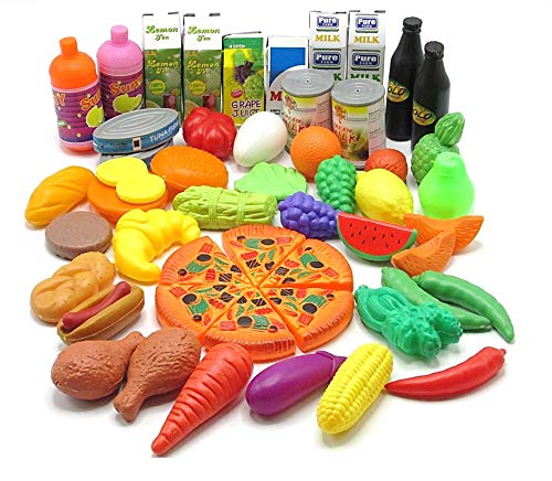 Product Cover Food Toy | Assorted Food Playset - 65 Piece - Includes Plastic Toy Pizza, Fruits and Vegetables, Milk, Juice and Other Bottles and Containers and More