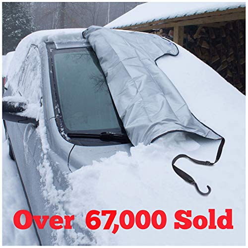 Product Cover SnowOFF Extra Large Windshield Snow Ice Cover - FIT Any CAR, SUV Truck Van - Windproof Straps, Wings, Suction Cups, Magnets - Bonus Demist Cloth + Blanket - Winter Frost Automotive Hood Covers