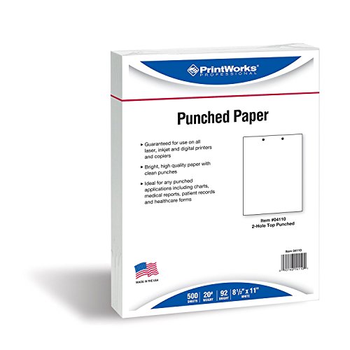 Product Cover PrintWorks Professional Pre Punched Paper, 2 Hole Punch Top For 2 Ring Binders & 2 Ring Clipboards & Fastener File Folders, 8.5 x 11, 20 lb, 500 Sheets, White (04110)