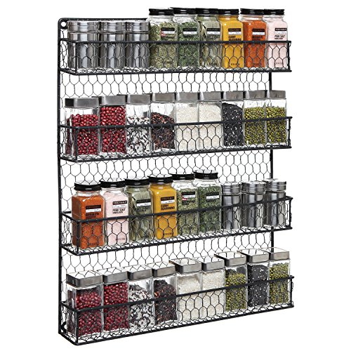 Product Cover 4 Tier Black Country Rustic Chicken Wire Pantry, Cabinet or Wall Mounted Spice Rack Storage Organizer