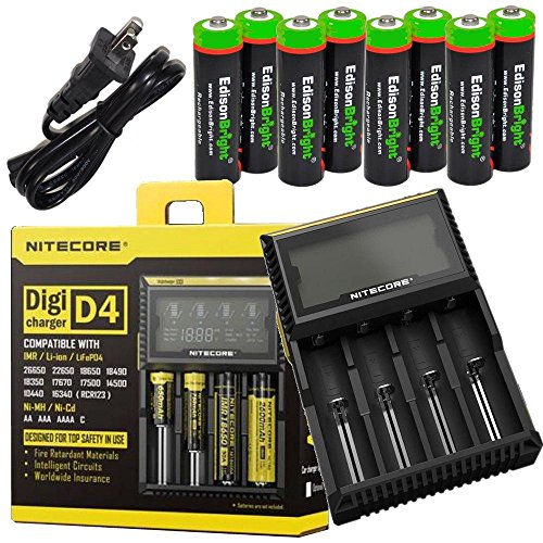 Product Cover Nitecore D4 4 Slot Smart Battery Charger for Li-ion, IMR, LiFePO4 26650 18650 18350 16340 RCR123 14500 Ni-MH Ni-Cd AA AAA AAAA C Batteries w/ 8 x EdisonBright Ni-MH Rechargeable AA Batteries Bundle