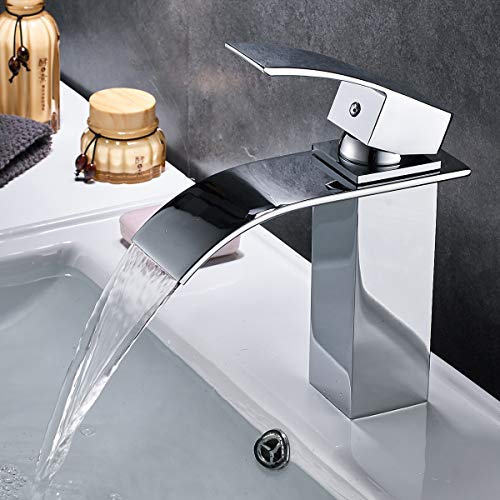 Product Cover ROVATE Waterfall Bathroom Faucet, Brass Single Handle Single Hole Vanity Sink Faucet, Stainless Steel Rectangular Faucet Spout, Chrome