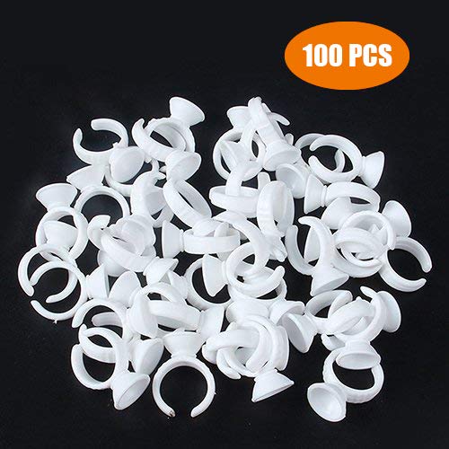 Product Cover G2PLUS Disposable Plastic Nail Art Tattoo Glue Rings Holder Eyelash Extension Rings Adhesive Pigment Holders Finger Hand Beauty Tools (White-100 PCS)