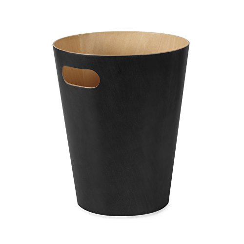 Product Cover Umbra, Black Woodrow, 2 Gallon Modern Wooden Trash Can Wastebasket or Recycling Bin for Home or Office