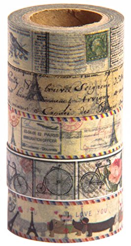 Product Cover Antique Vintage Washi Tape Set (Japanese Masking Tape) by MIKOKA, 0.6 Inches Wide, 32.8 Feet Long, 5 Rolls - Antique Bright