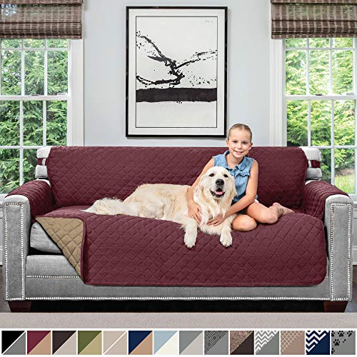 Product Cover Sofa Shield Original Patent Pending Reversible Large Sofa Protector for Seat Width up to 70 Inch, Furniture Slipcover, 2 Inch Strap, Couch Slip Cover Throw for Pets, Kids, Cats, Sofa, Burgundy Tan