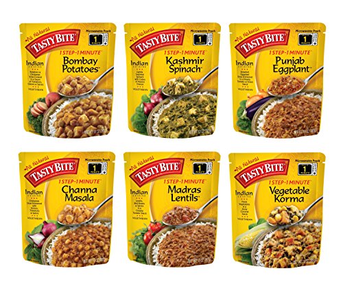 Product Cover Tasty Bite Indian Entree Variety Pack 10 Ounce 6 Count, Fully Cooked Indian Entrées, Includes Bombay Potatoes, Kashmir Spinach, Punjab Eggplant, Channa Masala, Madras Lentils, Vegetable Korma