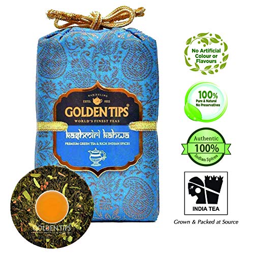 Product Cover Golden Tips Kashmiri Kahwa Green Tea -Brocade Bag, (50 Cups, 100gm), 100% Natural Whole Leaf Tea | Green Tea for Weight Loss | Anti Oxidant Rich| No Additives