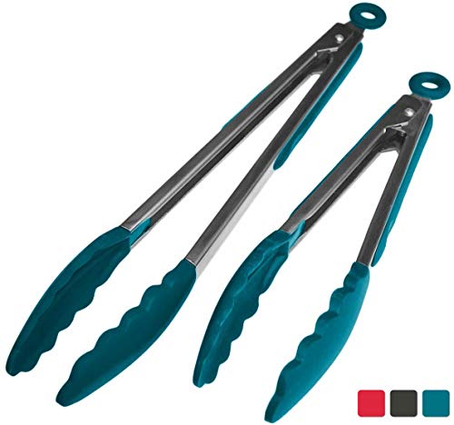 Product Cover StarPack Basics Silicone Kitchen Tongs (9-Inch & 12-Inch) - Stainless Steel with Non-Stick Silicone Tips, High Heat Resistant to 480°F, For Cooking, Serving, Grill, BBQ & Salad (Teal Blue)