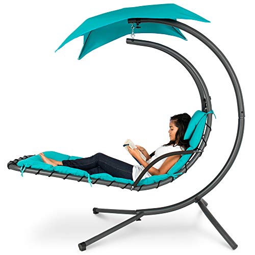 Product Cover Best Choice Products Outdoor Hanging Curved Chaise Lounge Chair Swing for Backyard, Patio w/ Built-In Pillow, Removable Canopy, Stand - Teal