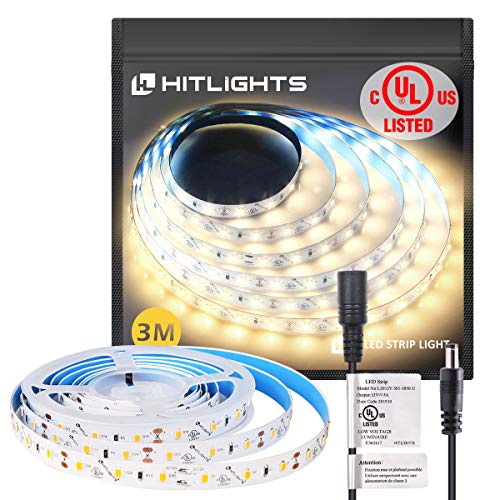 Product Cover HitLights Warm White LED Strip Lights, UL-Listed Premium High Density 2835 LED Lights - 10 Feet, 180 LEDs, 3000K, 1100 Lumen/M, 3 Watts/Foot, 12V DC LED Tape Light