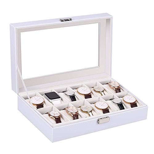 Product Cover amzdeal Watch Box, 12 Slots Watch Case for Women and Men, White Watch Storage Case, Watch Organizer, Watch Display Box with Glass Top, Removable Pillow, Pu Leather, White