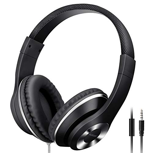 Product Cover Ausdom Lightweight Over-Ear Wired HiFi Stereo Headphones with Built-in Mic Comfortable Leather Earphones- Black