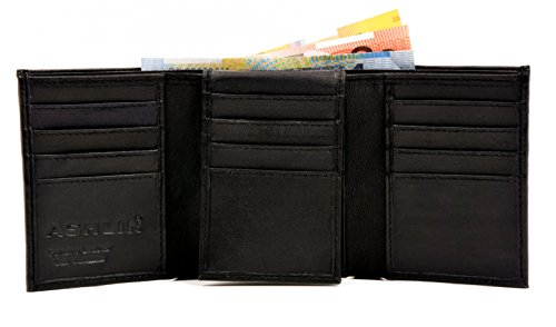 Product Cover ASHLIN Men's Tri-fold Wallet - 100% Lambskin Napa | 16 + 4 Card Pockets | Double Billfold Section | 1 ID Window | Midnight Black [6447-07-01]