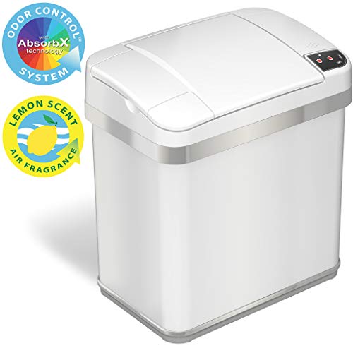 Product Cover iTouchless 2.5 Gallon Bathroom Touchless Trash Can with Odor Filter and Fragrance, Automatic Sensor Lid, Home or Office, 9.5 Liter, 2.5-Gallon, Matte Finish Pearl White