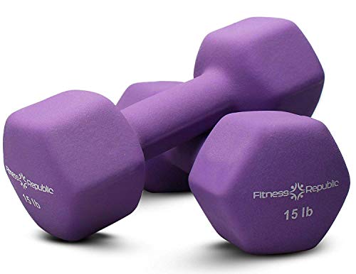 Product Cover Fitness Republic Neoprene Dumbbell Sets of 2, 15 Pounds Set Non-Slip, Hex Shape, Free weights set for Muscle Toning, Strength Building, Weight Loss, Portable Weights Home Gym Hand Weights, 15lb Purple