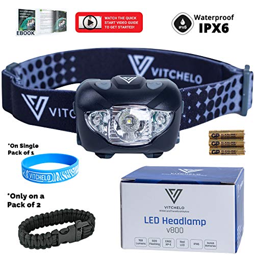 Product Cover VITCHELO V800 Headlamp Flashlight with White and Red LED Lights. Super Bright Head Light & Waterproof. 3 AAA Batteries Included Best for Trail Running Jogging Camping Hiking Hunting Reading Mechanic