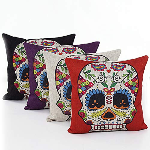 Product Cover L&J.ART 4 PCS 18'' Retro Colorful Floral Mexican Day of the Dead Sugar Skull Linen Pillow Cushion Covers 4NS6