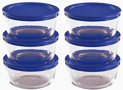 Product Cover Pyrex Storage 2 Cup Round Dish, Clear with Blue Lid, Pack of 6 Containers,12-Piece