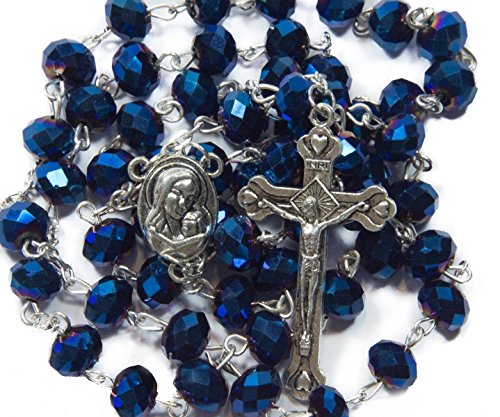 Product Cover Nazareth Store Deep Blue Crystal Beads Rosary Catholic Necklace Holy Soil Medal Cross Crucifix Velvet Bag