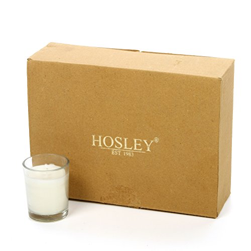 Product Cover Hosley's Set of 12 Unscented Clear Glass Wax Filled Votive Candles, 12 Hour Burn Time. Glass Votive & Hand Poured Candle Included, Ideal for Aromatherapy, Weddings, Party Favors O1